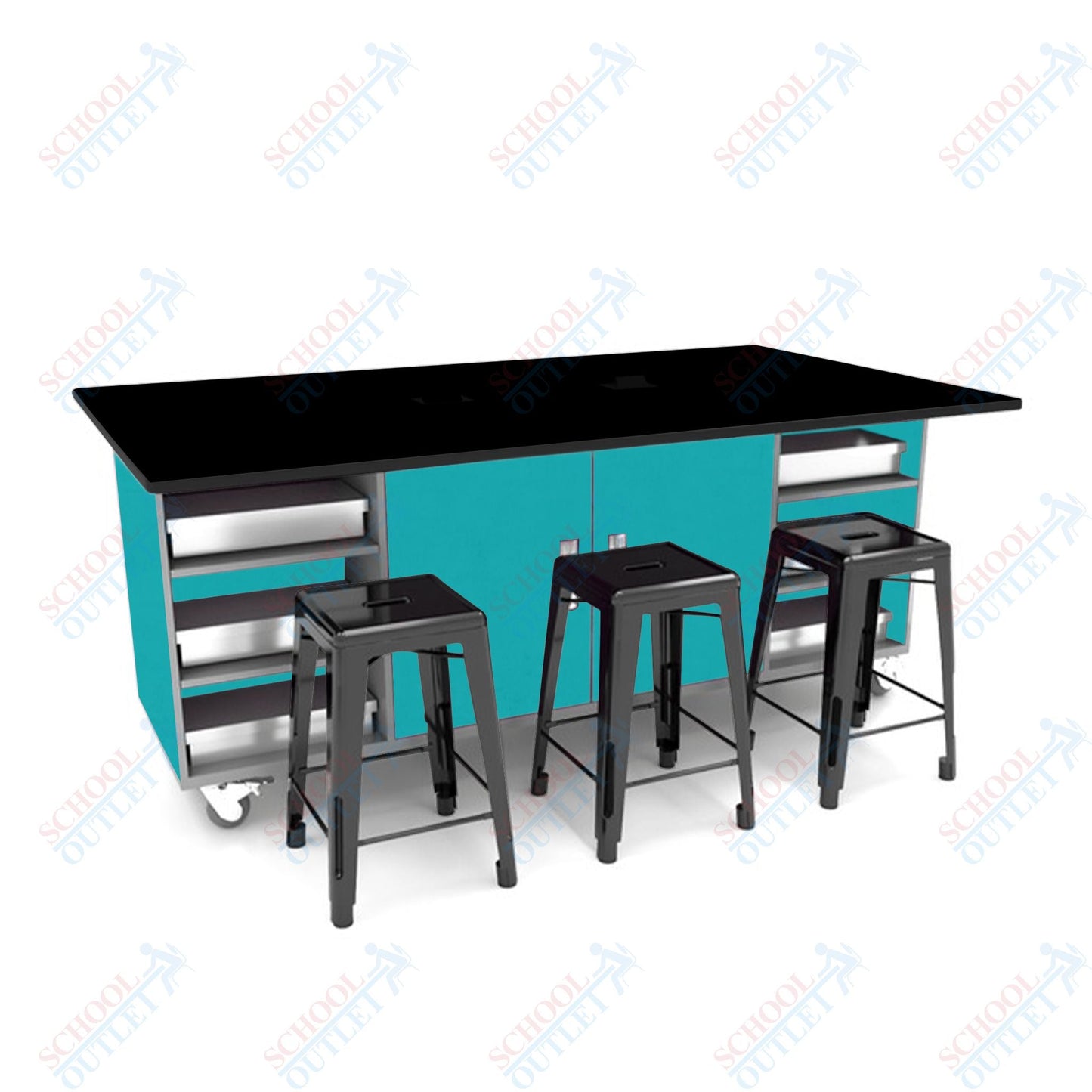 CEF ED Double Table 36"H Tough Top, Laminate Base with 6 Stools, Storage bins, and Electrical Outlets Included. - SchoolOutlet