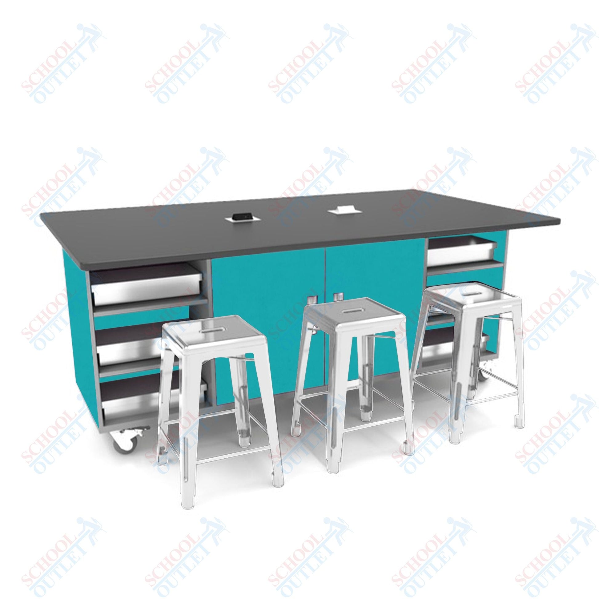 CEF ED Double Table 36"H Tough Top, Laminate Base with 6 Stools, Storage bins, and Electrical Outlets Included. - SchoolOutlet