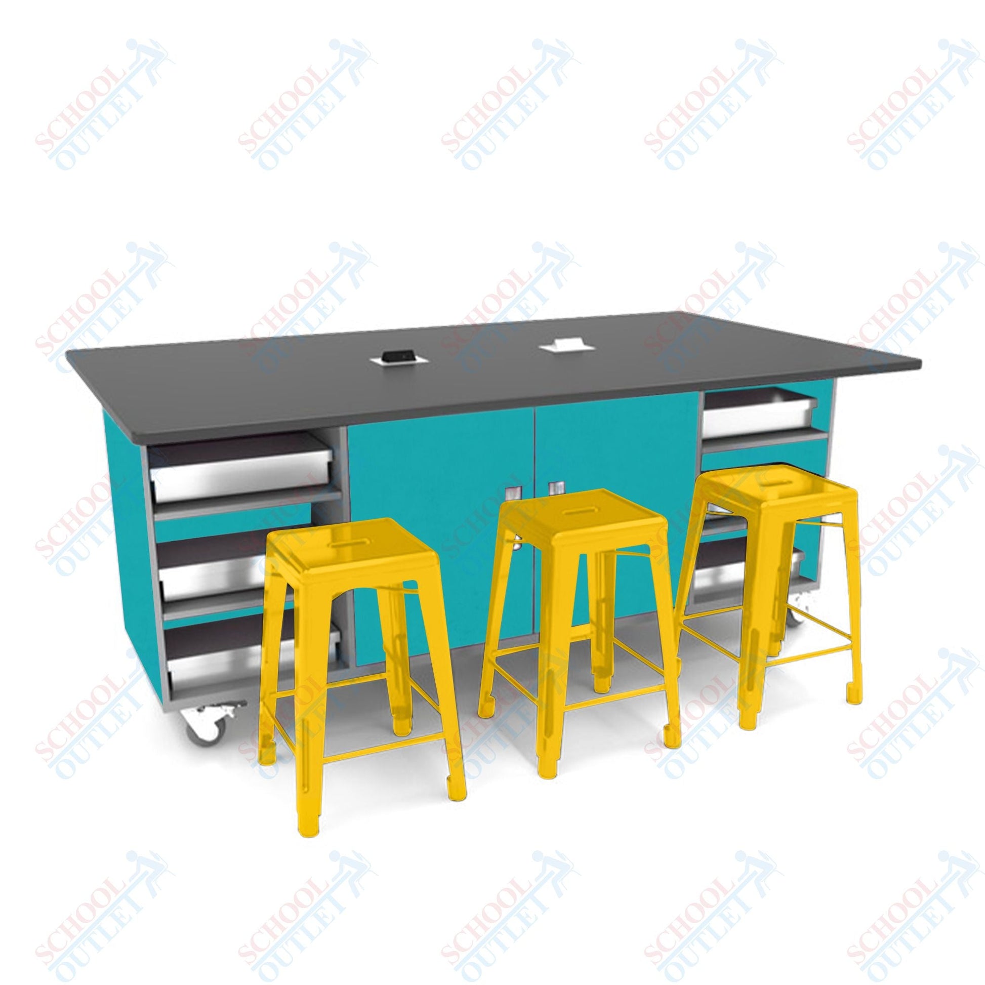 CEF ED Double Table 36"H Tough Top, Laminate Base with 6 Stools, Storage bins, and Electrical Outlets Included. - SchoolOutlet