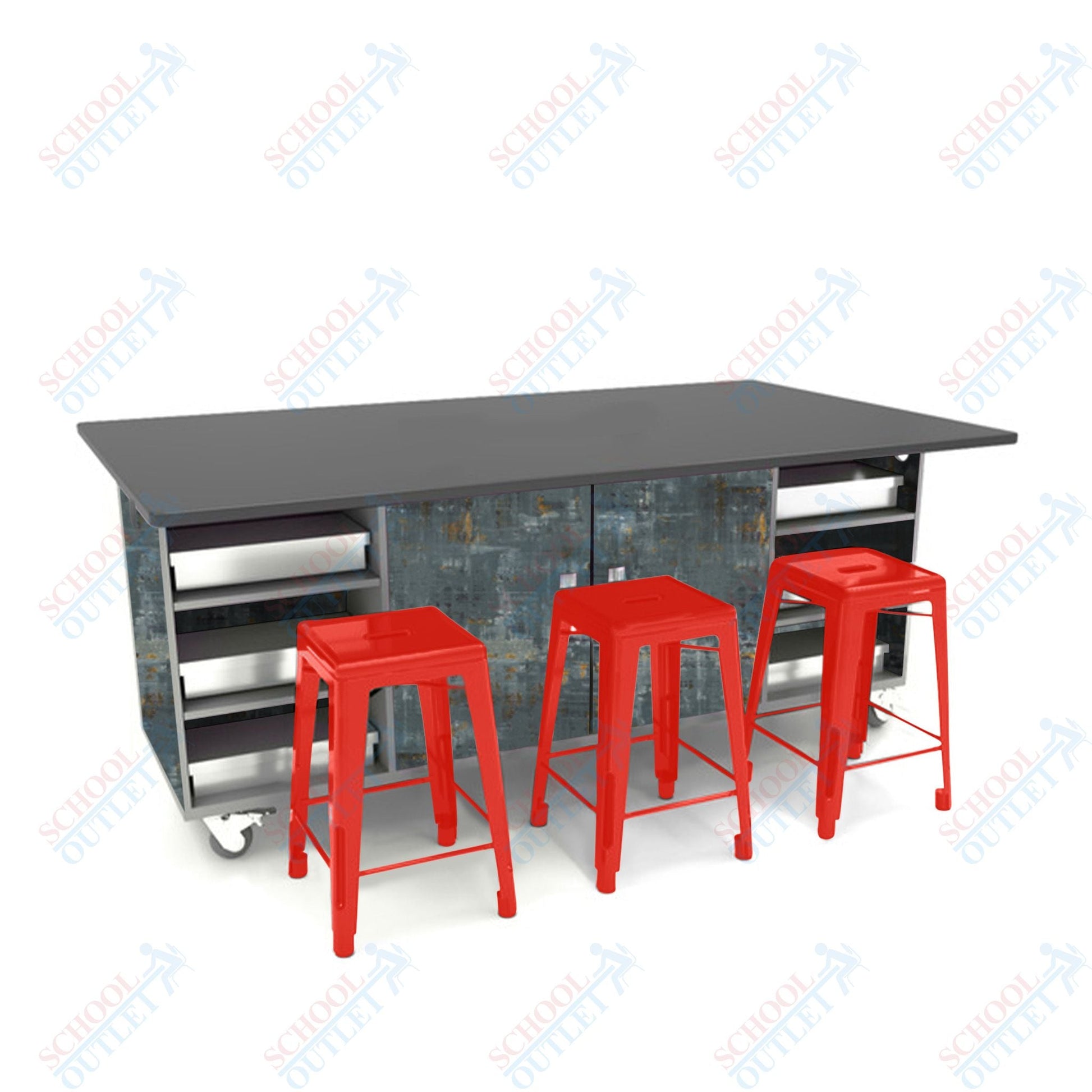 CEF ED Double Table 36"H Chemical Resistant Top, Laminate Base with 6 Stools, Storage bins, and Electrical Outlets Included. - SchoolOutlet
