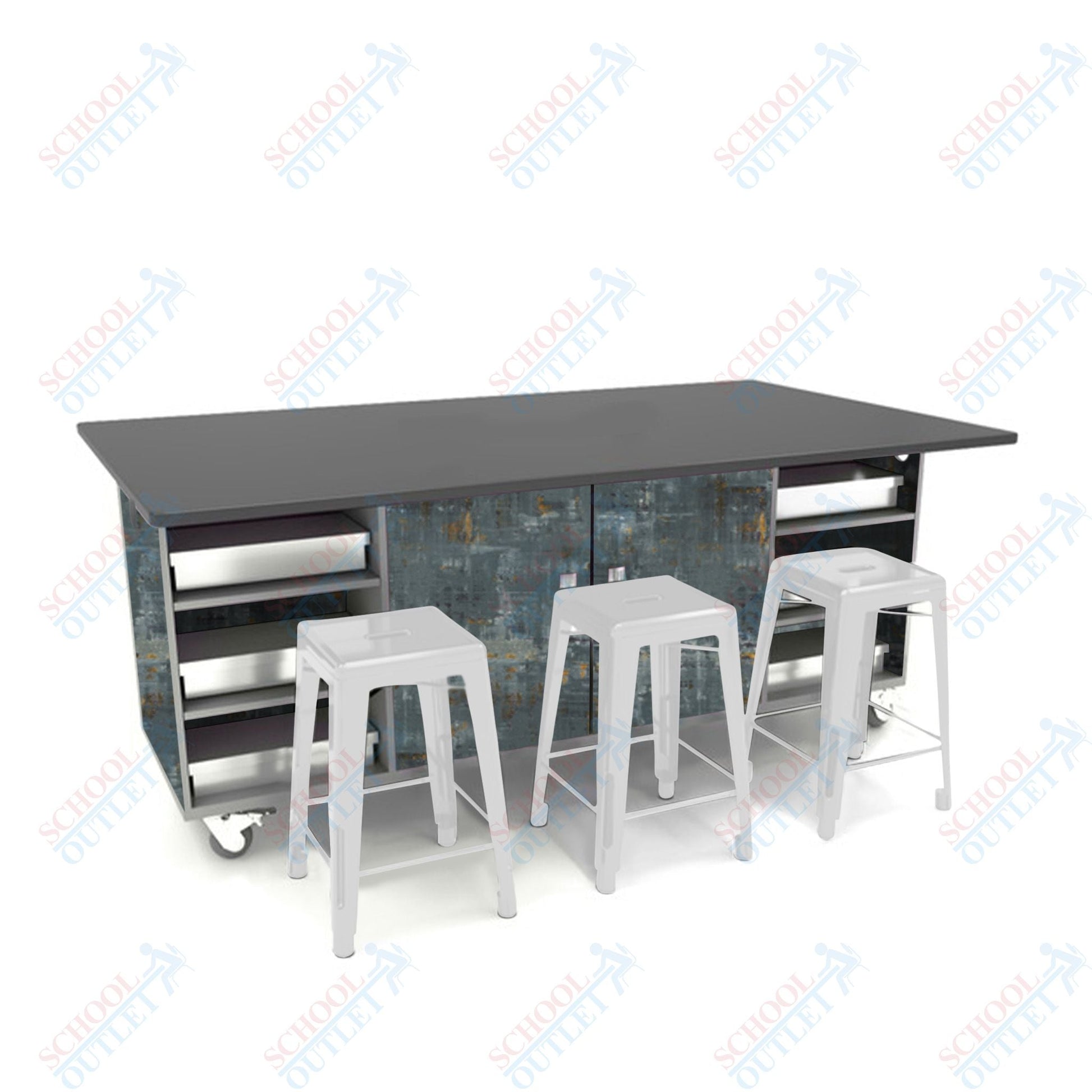 CEF ED Double Table 36"H Chemical Resistant Top, Laminate Base with 6 Stools, Storage bins, and Electrical Outlets Included. - SchoolOutlet