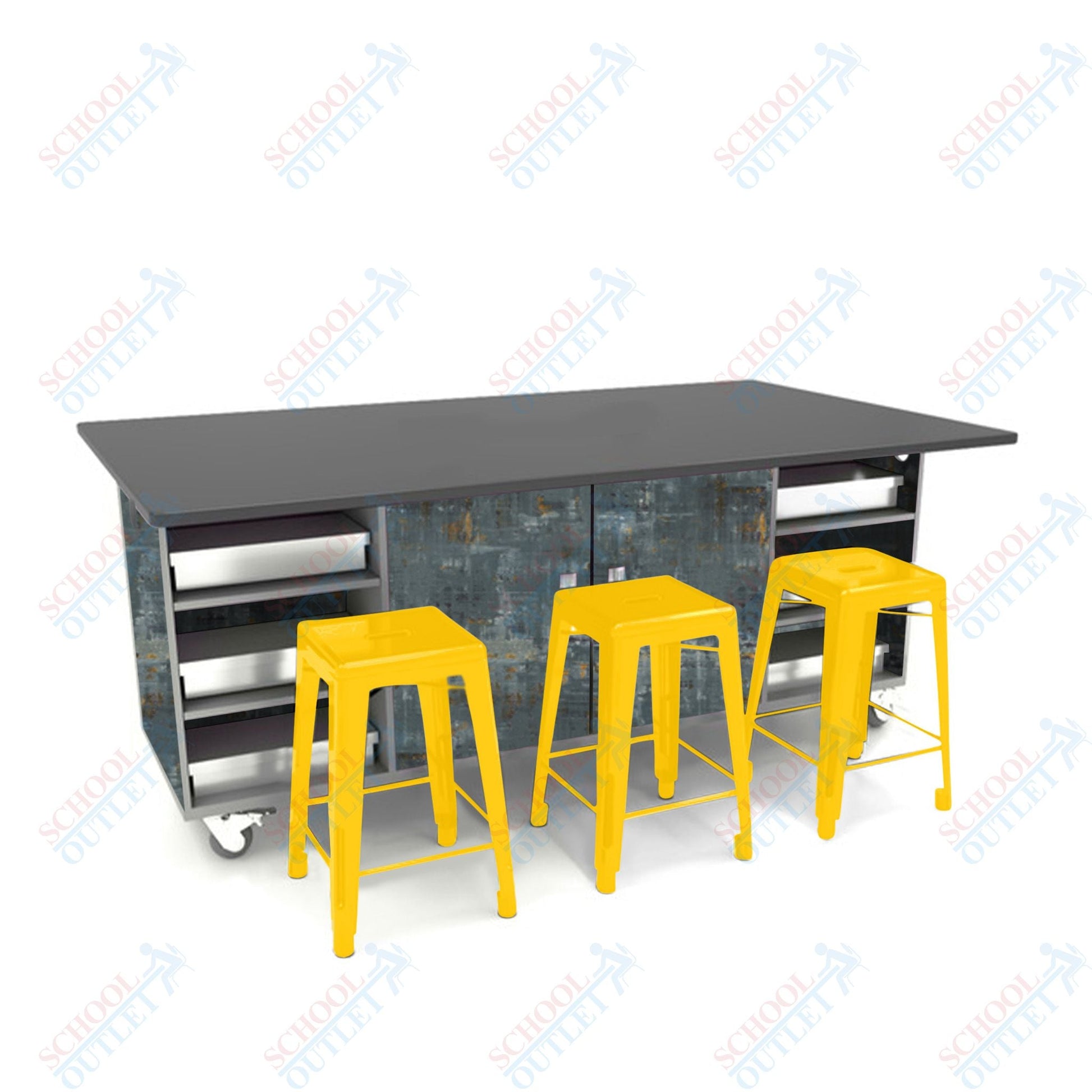 CEF ED Double Table 36"H Chemical Resistant Top, Laminate Base with 6 Stools, Storage bins, and Electrical Outlets Included. - SchoolOutlet