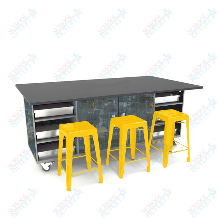 CEF ED Double Table 36"H Chemical Resistant Top, Laminate Base with 6 Stools, Storage bins, and Electrical Outlets Included. - SchoolOutlet