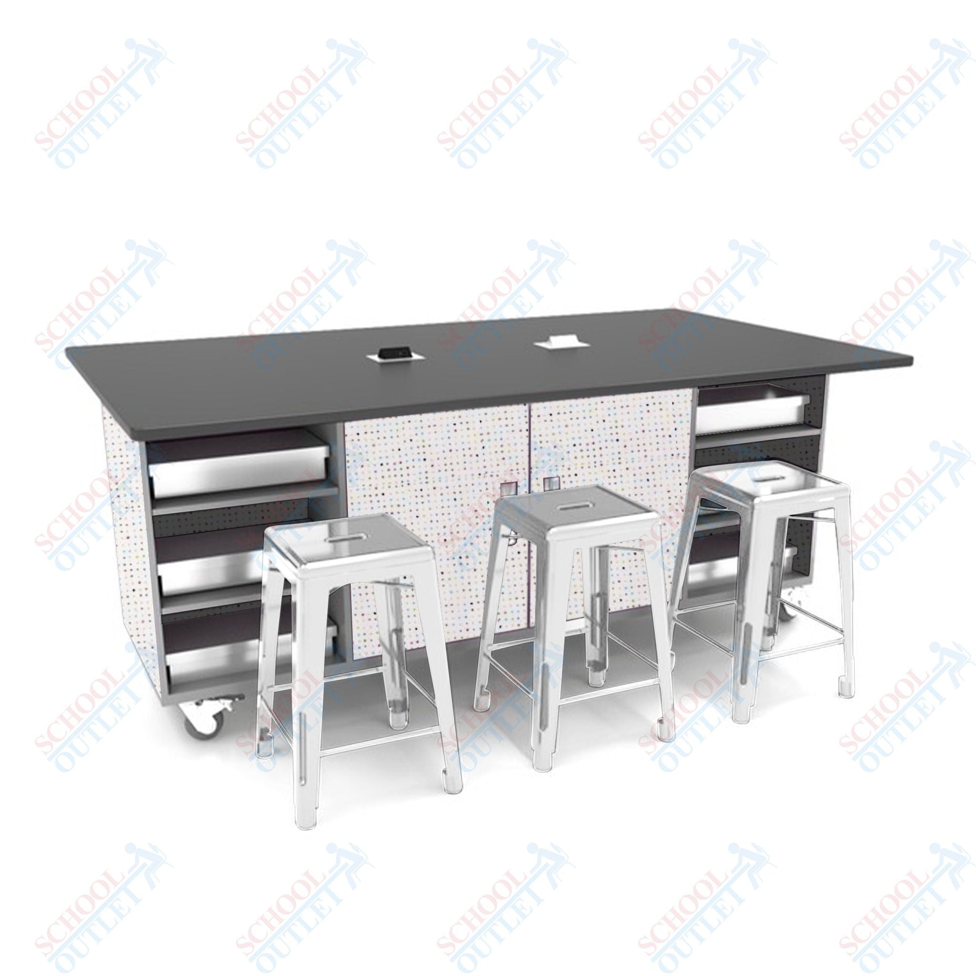 CEF ED Double Table 42"H Tough Top, Laminate Base with 6 Stools, Storage bins, and Electrical Outlets Included. - SchoolOutlet