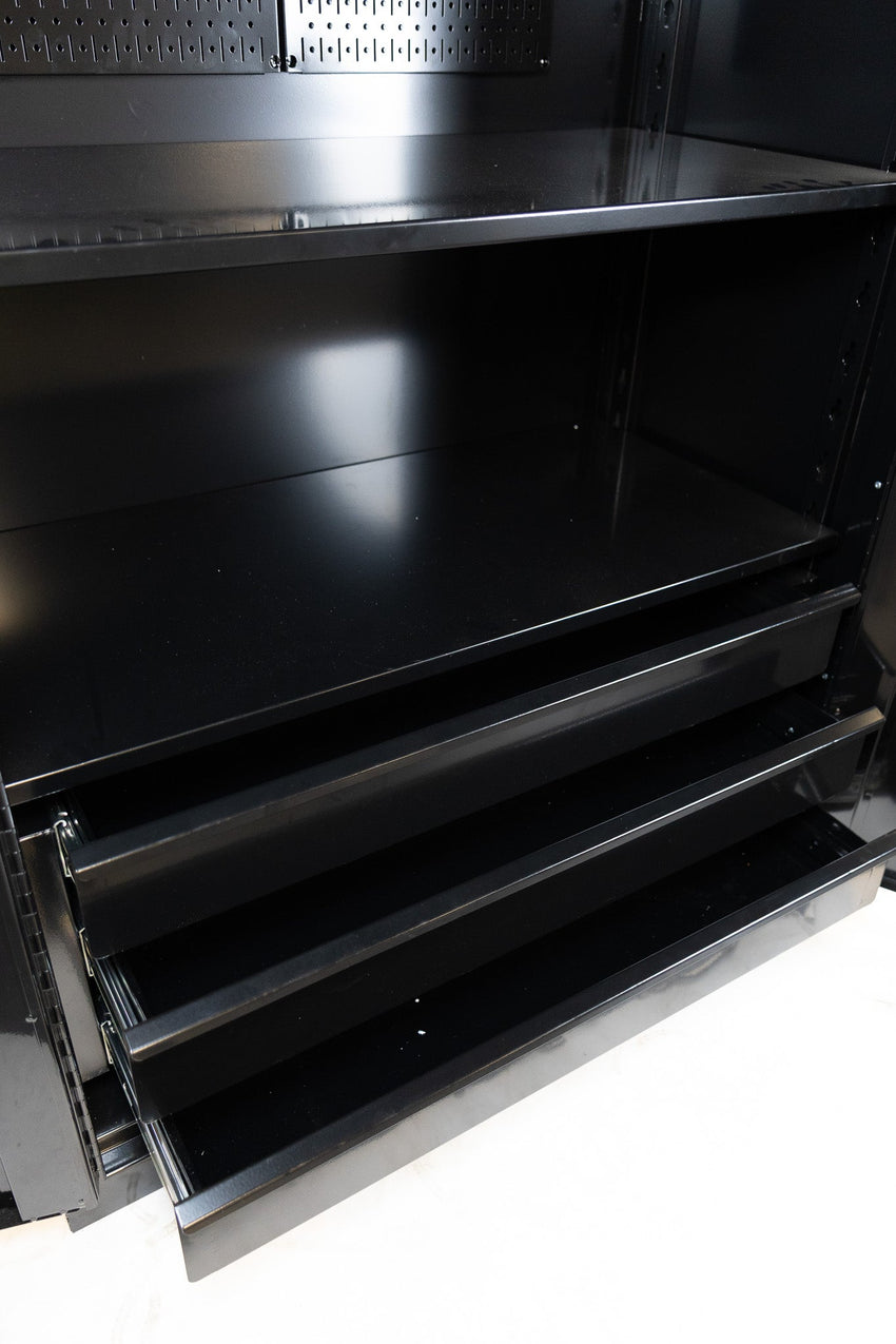CEF Forge Metal Storage Cabinet 48" Wide x 78" Tall - Includes 4 Adjustable Shelves and 3 Drawer Storage System in Bottom & Metal Peg Board Panel in Top (CEF - FC - 4878 - 5S - DD - 3D - PG) - SchoolOutlet