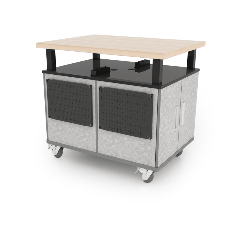 CEF Forge Durabench - Double - sided cabinet with 8 Gratnells trays per side and Elevated Maple Butcher Block Top 30"W x 40"L (CEF - FORGE - DBEN - 3040 - BIN - BIN - XXX - BB) - SchoolOutlet