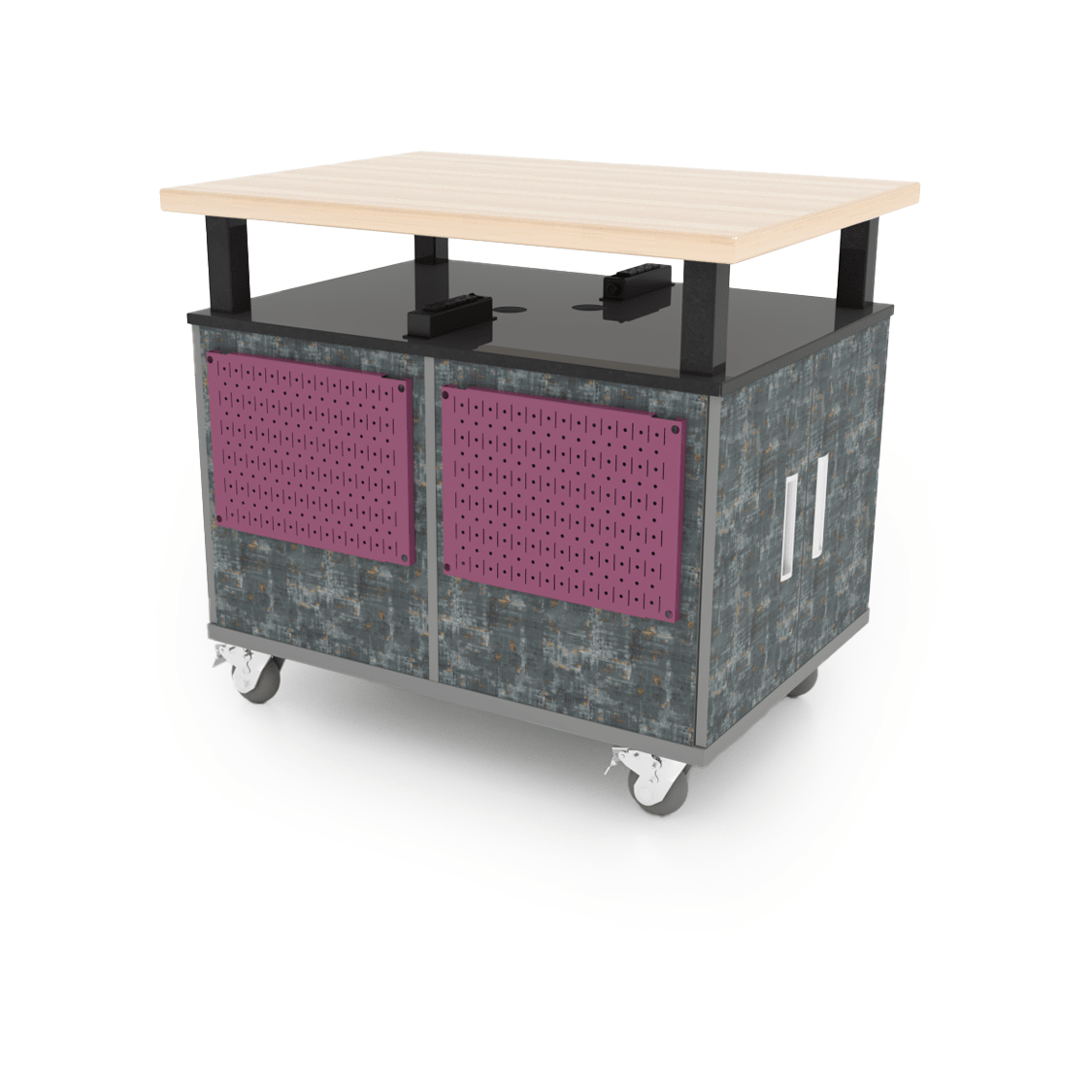 CEF Forge Durabench - Double - sided cabinet with 8 Gratnells trays in one side and 4 Split Shelves on the other side, Elevated Maple Butcher Block Top 30"W x 40"L (CEF - FORGE - DBEN - 3040 - BIN - SHV - XXX - BB) - SchoolOutlet