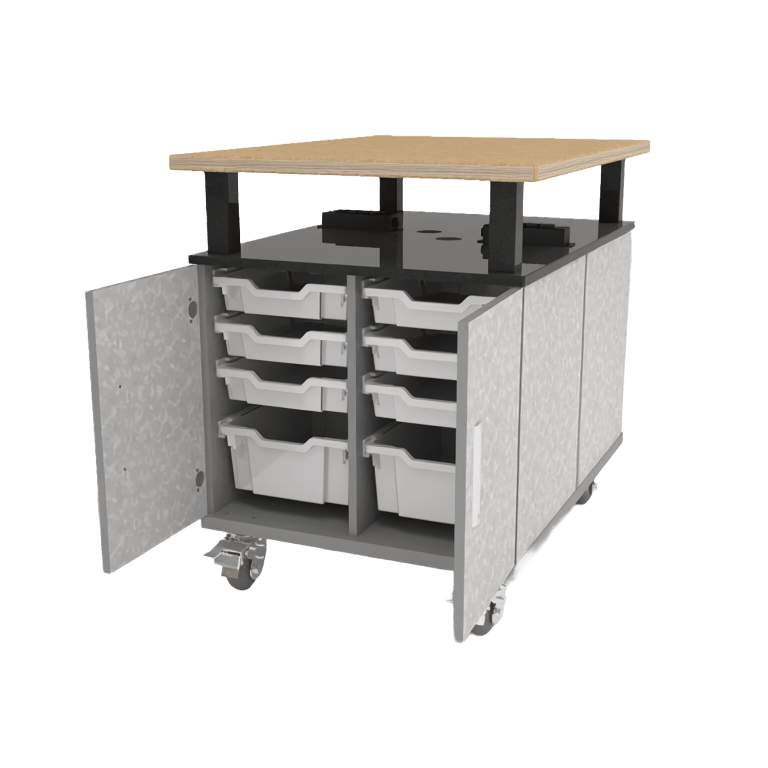 CEF Forge Durabench - Double - sided cabinet with 8 Gratnells trays in one side and 4 Split Shelves on the other side, Elevated Shop Top 30"W x 40"L (CEF - FORGE - DBEN - 3040 - BIN - SHV - XXX - ST) - SchoolOutlet