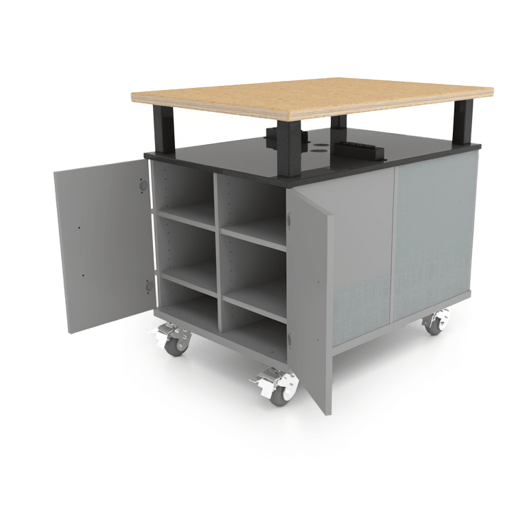 CEF Forge Durabench - Double - sided cabinet with 8 Gratnells trays in one side and 4 Split Shelves on the other side, Elevated Shop Top 30"W x 40"L (CEF - FORGE - DBEN - 3040 - BIN - SHV - XXX - ST) - SchoolOutlet