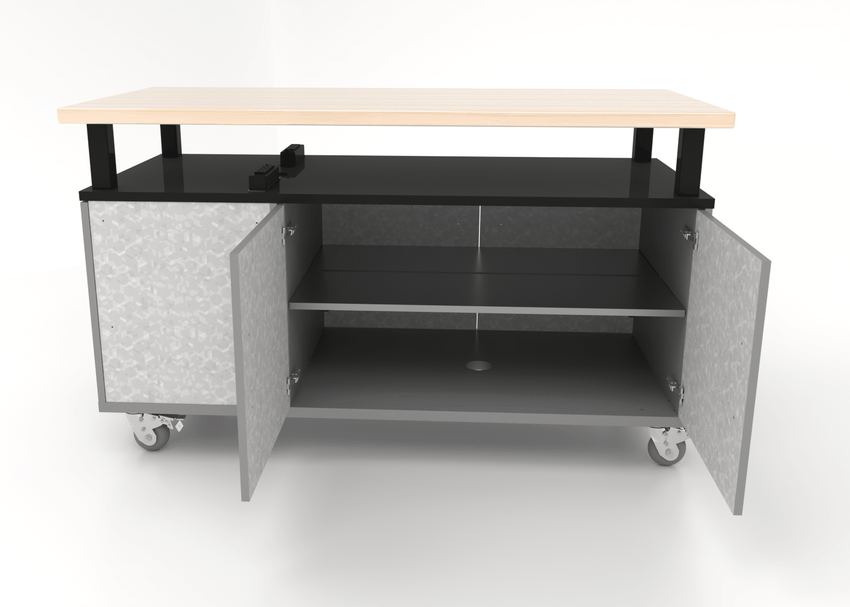 CEF Forge Durabench - Single - sided cabinet with 8 Gratnells trays and Elevated Maple Butcher Block Top 30"W x 63"L (CEF - FORGE - DBEN - 3063 - BIN - XXX - BB) - SchoolOutlet