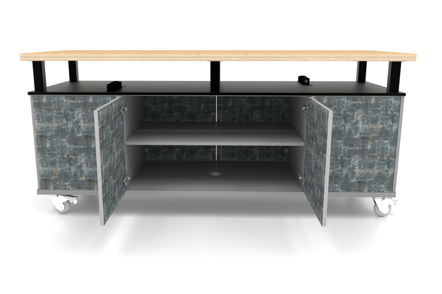 CEF Forge Durabench - Double - sided cabinet with 8 Gratnells trays per side and Elevated Maple Butcher Block Top 30"W x 82"L (CEF - FORGE - DBEN - 3082 - BIN - BIN - XXX - BB) - SchoolOutlet