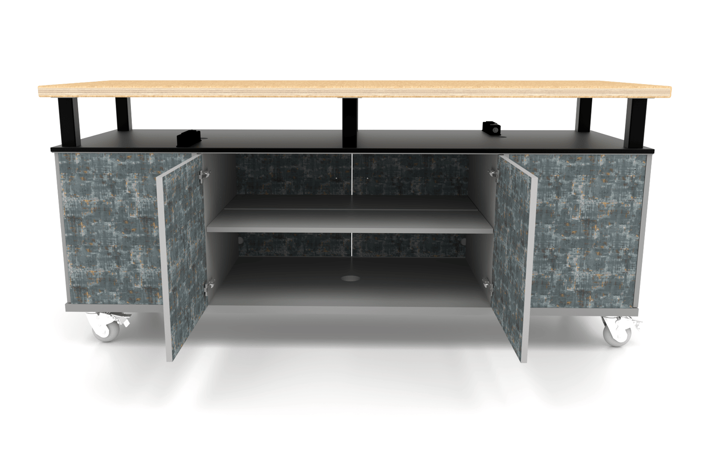 CEF Forge Durabench - Double - sided cabinet with 8 Gratnells trays per side and Elevated Shop Top 30"W x 82"L (CEF - FORGE - DBEN - 3082 - BIN - BIN - XXX - ST) - SchoolOutlet