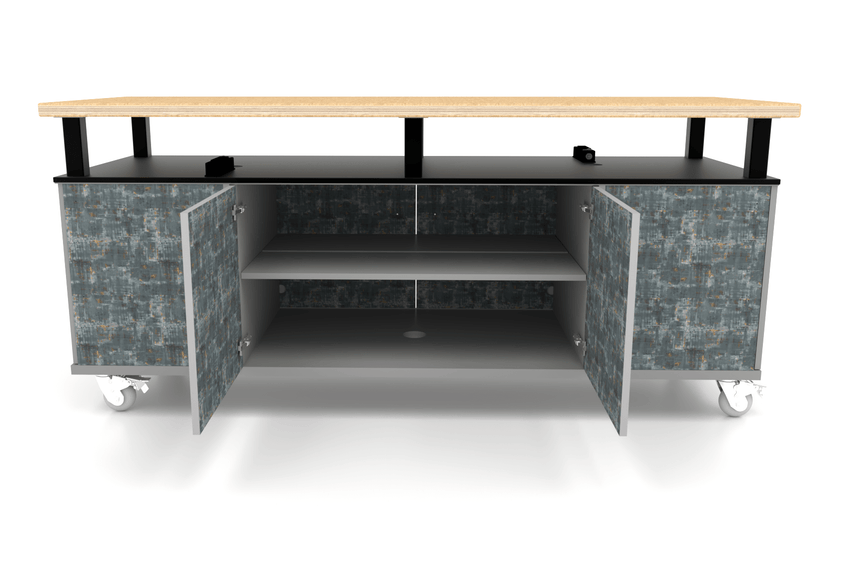 CEF Forge Durabench - Double - sided cabinet with 8 Gratnells trays in one side and 4 Split Shelves on the other side, Elevated Maple Butcher Block Top 30"W x 82"L (CEF - FORGE - DBEN - 3082 - BIN - SHV - XXX - BB) - SchoolOutlet