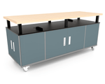 CEF Forge Durabench - Double - sided cabinet with 8 Gratnells trays in one side and 4 Split Shelves on the other side, Elevated Maple Butcher Block Top 30