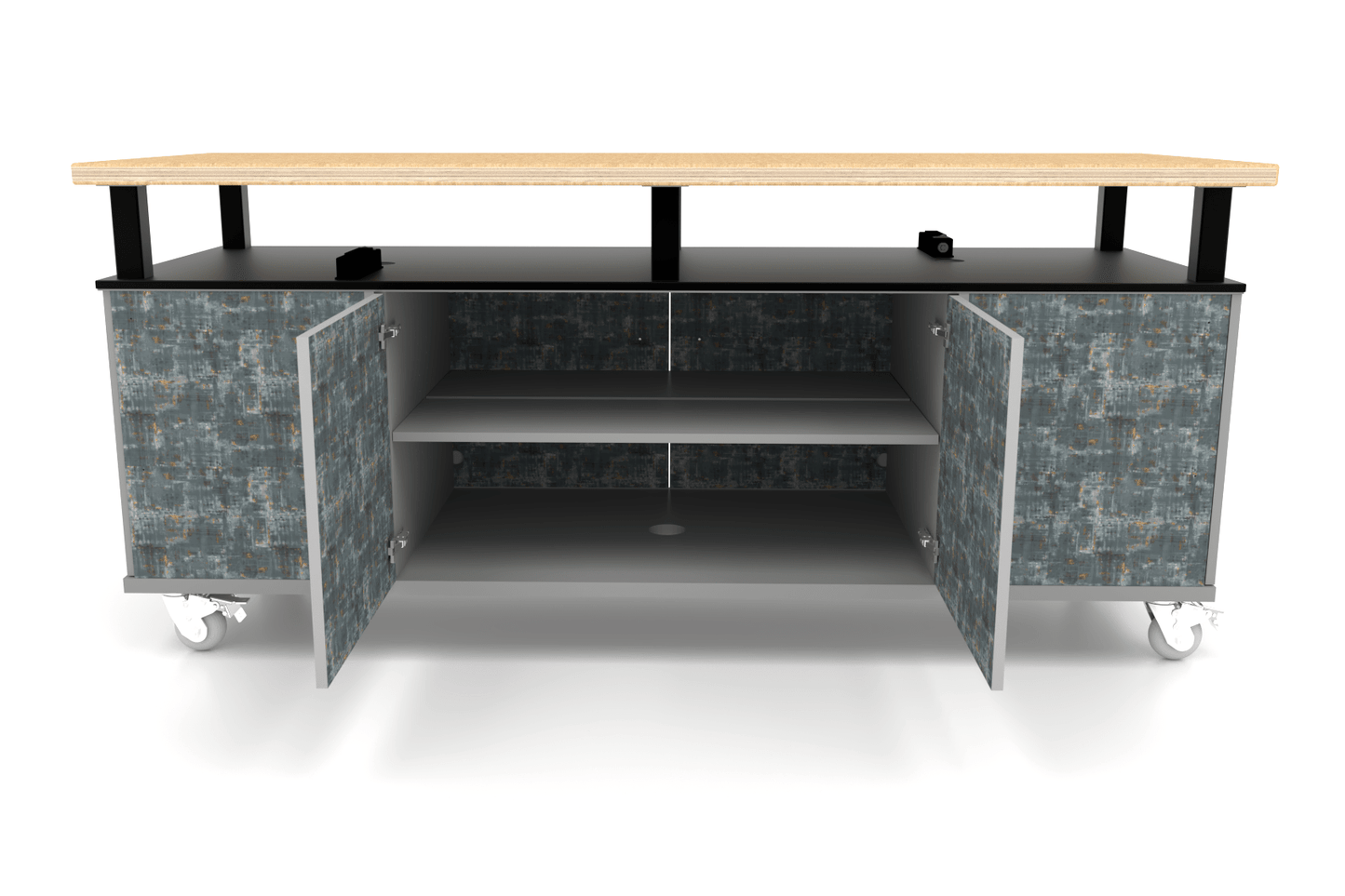 CEF Forge Durabench - Double - sided cabinet with 8 Gratnells trays in one side and 4 Split Shelves on the other side, Elevated Shop Top 30"W x 82"L (CEF - FORGE - DBEN - 3082 - BIN - SHV - XXX - ST) - SchoolOutlet