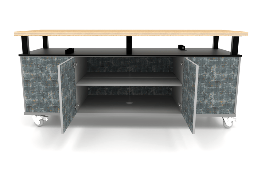 CEF Forge Durabench - Double - sided cabinet with 8 Gratnells trays in one side and 4 Split Shelves on the other side, Elevated Shop Top 30"W x 82"L (CEF - FORGE - DBEN - 3082 - BIN - SHV - XXX - ST) - SchoolOutlet