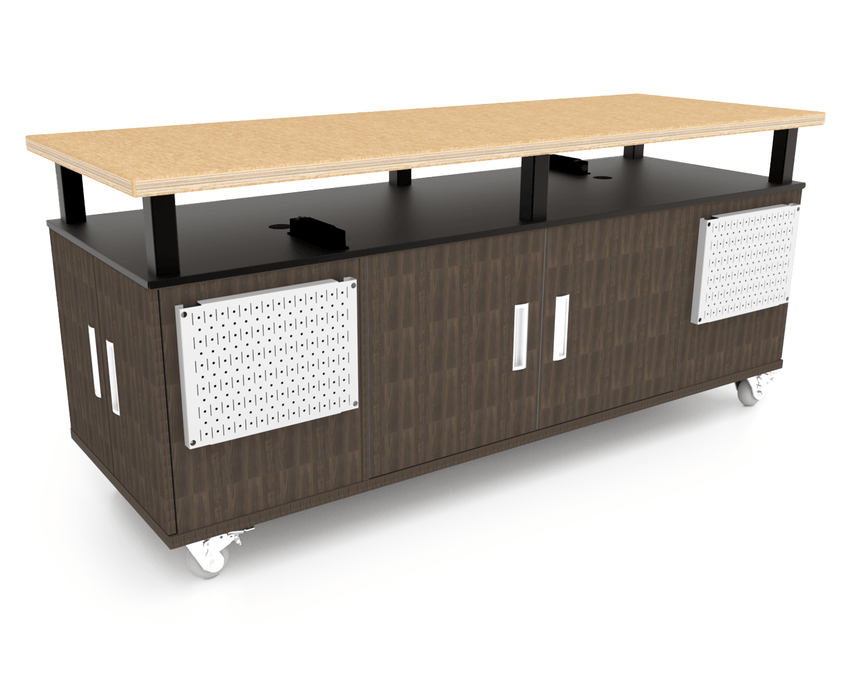 CEF Forge Durabench - Double - sided cabinet with 8 Gratnells trays in one side and 4 Split Shelves on the other side, Elevated Shop Top 30"W x 82"L (CEF - FORGE - DBEN - 3082 - BIN - SHV - XXX - ST) - SchoolOutlet