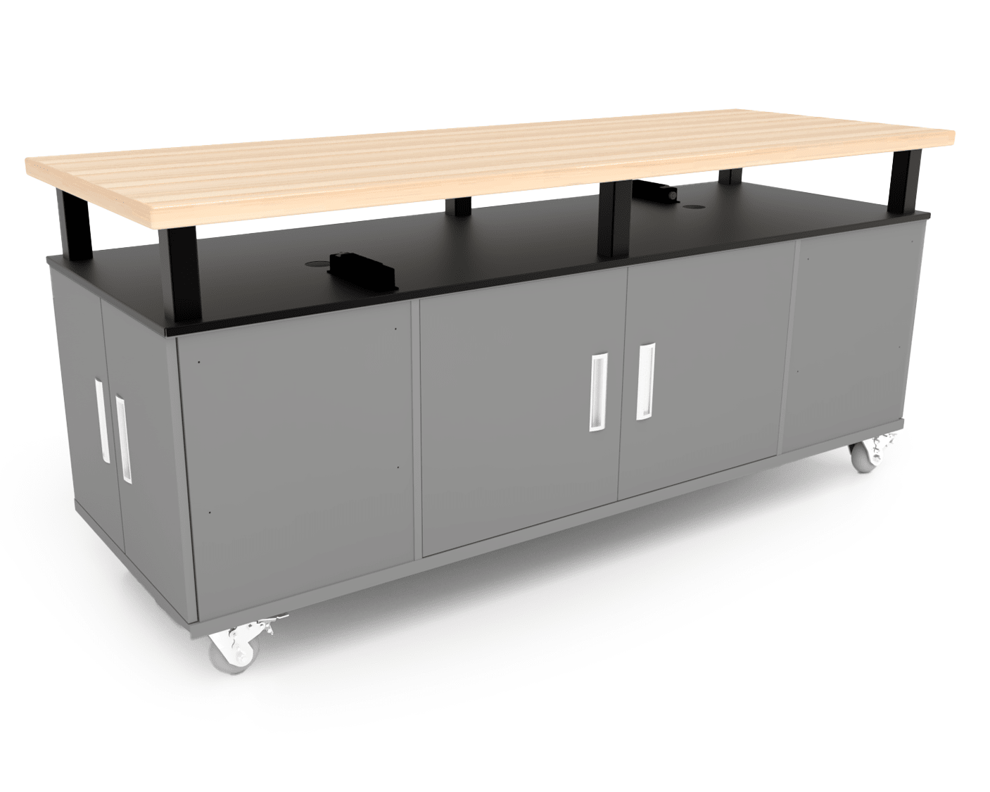 CEF Forge Durabench - Double - sided cabinet with 4 Split Shelves on each side and Elevated Maple Butcher Block Top 30"W x 82"L (CEF - FORGE - DBEN - 3082 - SHV - SHV - XXX - BB) - SchoolOutlet