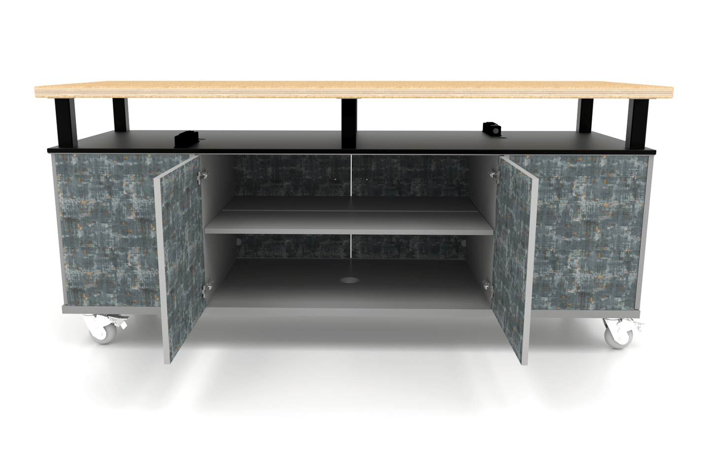 CEF Forge Durabench - Double - sided cabinet with 4 Split Shelves on each side and Elevated Maple Butcher Block Top 30"W x 82"L (CEF - FORGE - DBEN - 3082 - SHV - SHV - XXX - BB) - SchoolOutlet