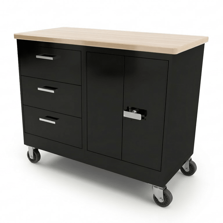 CEF Forge 2 - Pod Mobile Workstation - Heavy Duty Black Metal Cabinet with 3 Deep Drawers & Double - Door Base (CEF - FORGE - FP - 2CS - 3D - DD) - SchoolOutlet