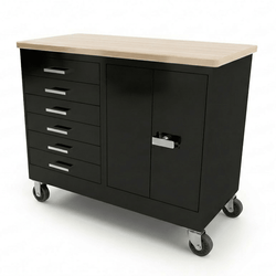 CEF Forge 2-Pod Mobile Workstation – Heavy Duty Black Metal Cabinet with 6 Narrow Drawers & Double-Door Cabinet Base (CEF-FORGE-FP-2CS-6D-DD)