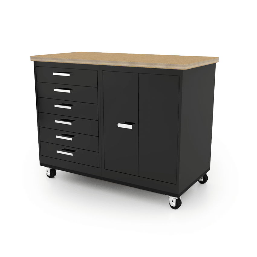 CEF Forge 2 - Pod Mobile Workstation – Heavy Duty Black Metal Cabinet with 6 Narrow Drawers & Double - Door Cabinet Base (CEF - FORGE - FP - 2CS - 6D - DD) - SchoolOutlet