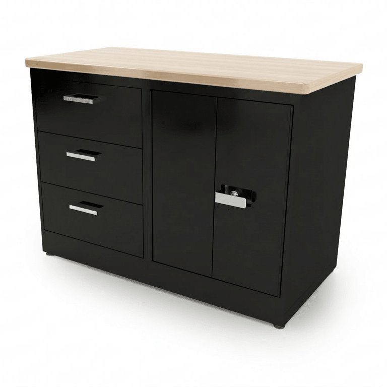 CEF Forge 2 - Pod Stationary Workstation – Heavy Duty Black Metal Cabinet with 3 Deep Drawers & Double - Door Cabinet Base (CEF - FORGE - FP - 2EB - 3D - DD) - SchoolOutlet