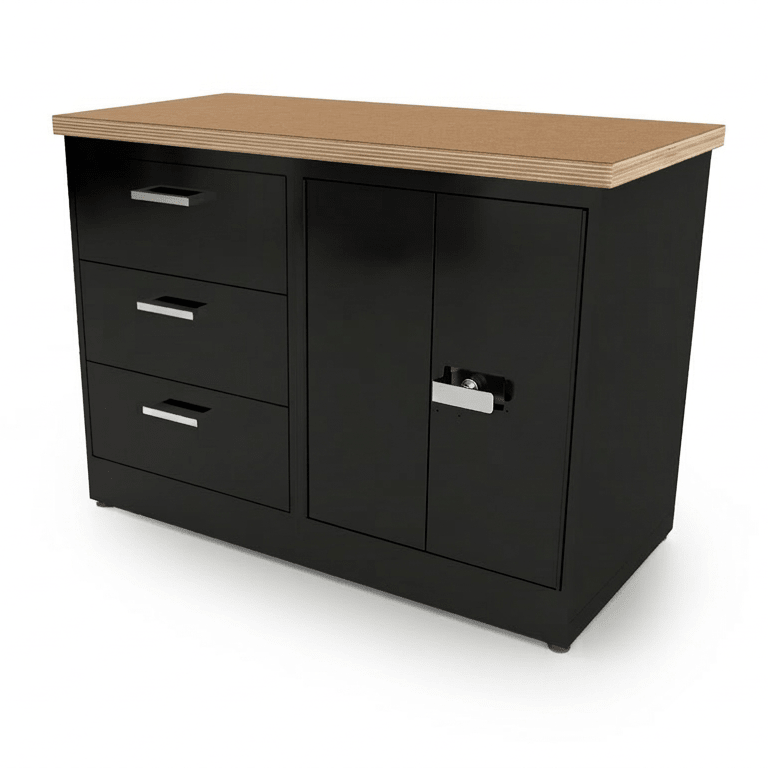 CEF Forge 2 - Pod Stationary Workstation – Heavy Duty Black Metal Cabinet with 3 Deep Drawers & Double - Door Cabinet Base (CEF - FORGE - FP - 2EB - 3D - DD) - SchoolOutlet