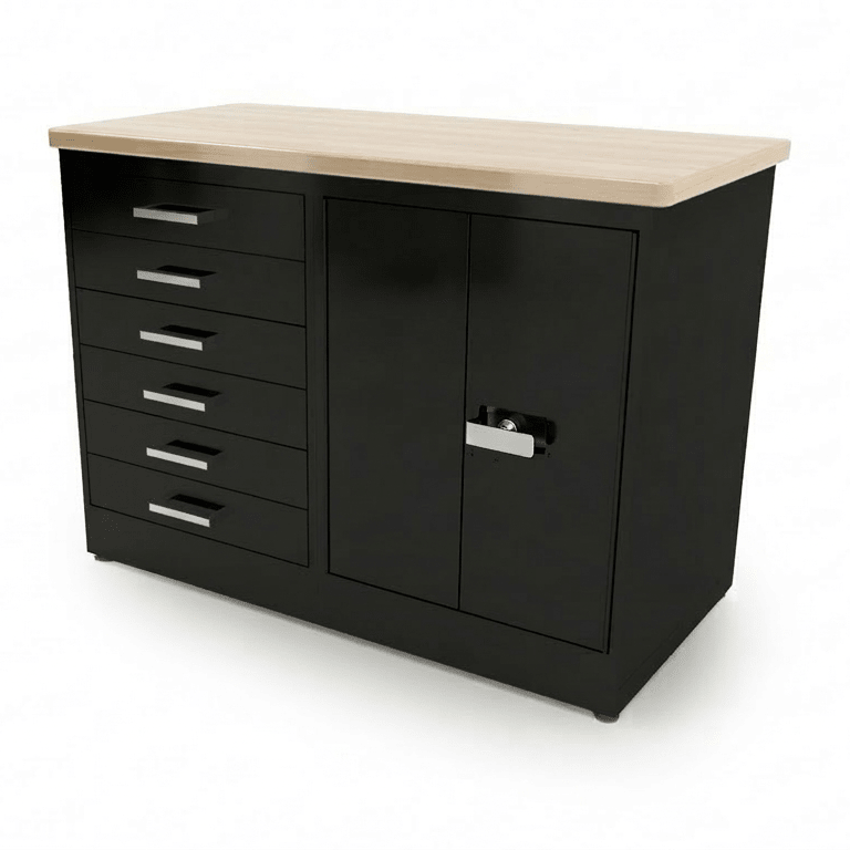 CEF Forge 2 - Pod Stationary Workstation – Heavy Duty Black Metal Cabinet with 6 Narrow Drawers & Double - Door Cabinet Base (CEF - FORGE - FP - 2EB - 6D - DD) - SchoolOutlet