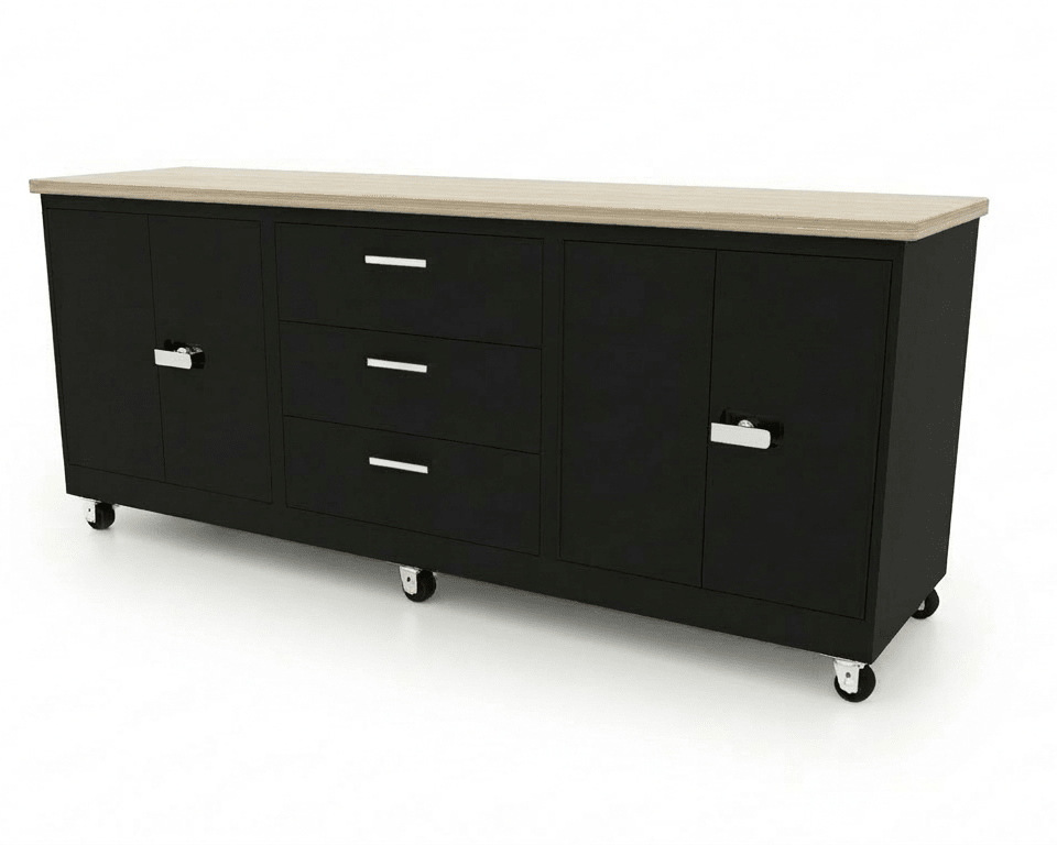 CEF Forge 3 - Pod Mobile Workstation - Heavy Duty Black Metal Cabinet with 3 Deep Drawers & 2 Double - Door Base (CEF - FORGE - FP - 3CS - DD - 3D - DD) - SchoolOutlet