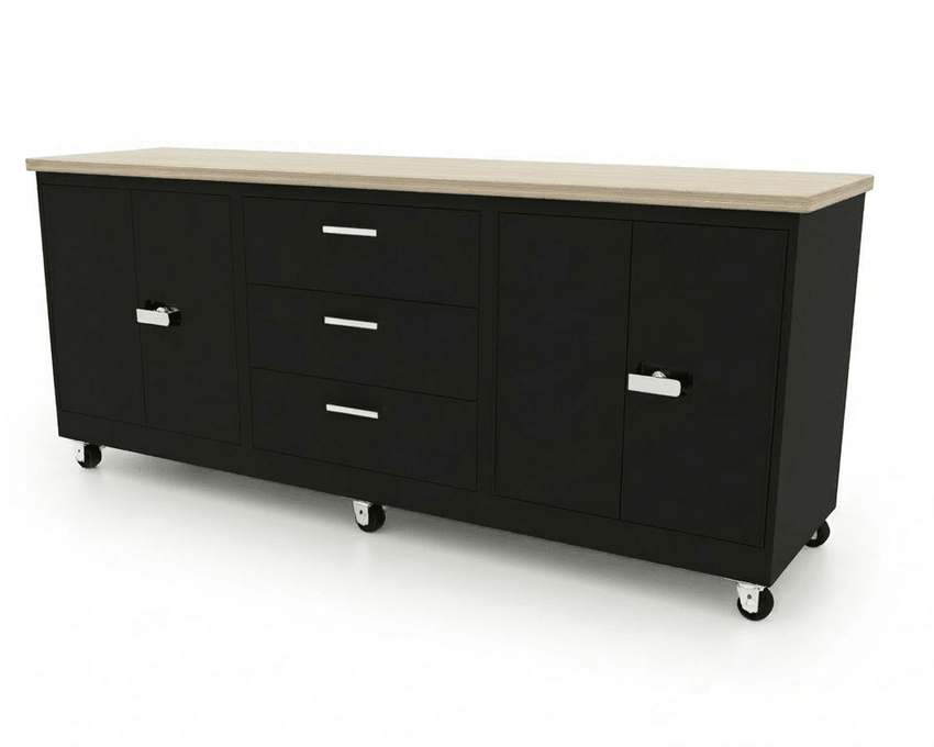CEF Forge 3 - Pod Mobile Workstation - Heavy Duty Black Metal Cabinet with 3 Deep Drawers & 2 Double - Door Base (CEF - FORGE - FP - 3CS - DD - 3D - DD) - SchoolOutlet