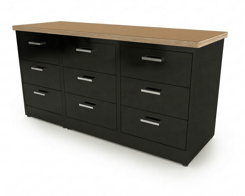 CEF Forge 3 - Pod Stationary Workstation - Heavy Duty Black Metal Cabinet with 9 Deep Drawers Base (CEF - FORGE - FP - 3EB - 3D - 3D - 3D) - SchoolOutlet