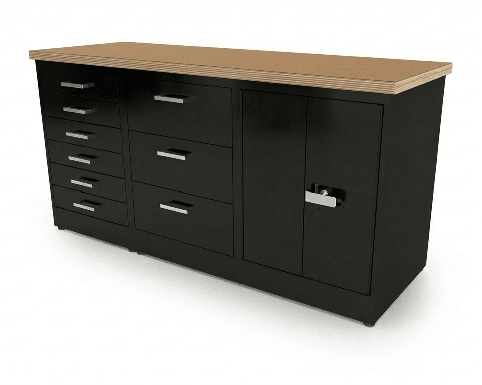 CEF Forge 3 - Pod Stationary Workstation - Heavy Duty Black Metal Cabinet with 6 Narrow Drawers, 3 Deep Drawers & Double - Door Base (CEF - FORGE - FP - 3EB - 6D - 3D - DD) - SchoolOutlet