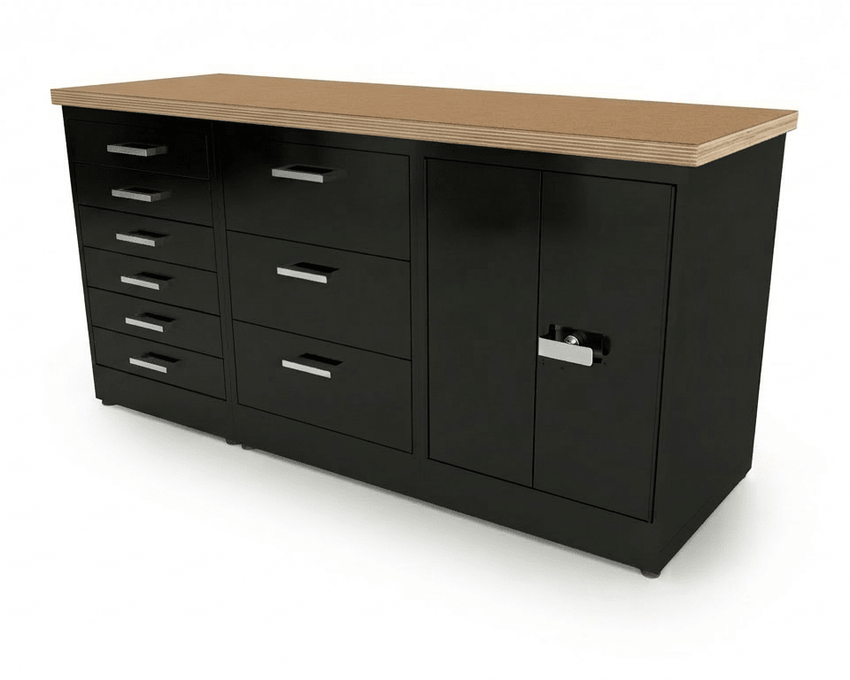 CEF Forge 3 - Pod Stationary Workstation - Heavy Duty Black Metal Cabinet with 6 Narrow Drawers, 3 Deep Drawers & Double - Door Base (CEF - FORGE - FP - 3EB - 6D - 3D - DD) - SchoolOutlet