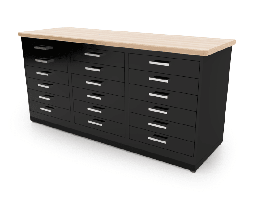 CEF Forge 3 - Pod Stationary Workstation - Heavy Duty Black Metal Cabinet with 18 Narrow Drawers Base (CEF - FORGE - FP - 3EB - 6D - 6D - 6D) - SchoolOutlet