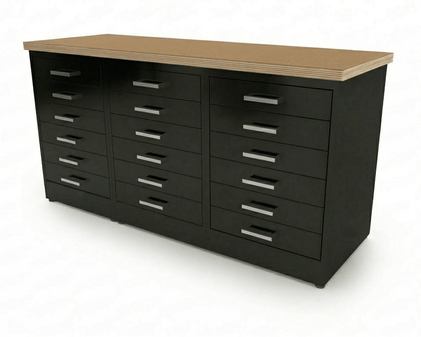 CEF Forge 3 - Pod Stationary Workstation - Heavy Duty Black Metal Cabinet with 18 Narrow Drawers Base (CEF - FORGE - FP - 3EB - 6D - 6D - 6D) - SchoolOutlet
