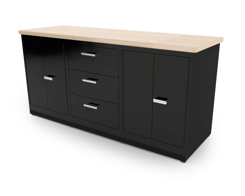 CEF Forge 3 - Pod Stationary Workstation - Heavy Duty Black Metal Cabinet with 3 Deep Drawers & 2 Double - Door Base (CEF - FORGE - FP - 3EB - DD - 3D - DD) - SchoolOutlet