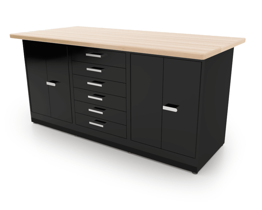 CEF Forge 3 - Pod Stationary Workstation - Heavy Duty Black Metal Cabinet with 6 Narrow Drawers & 2 Double - Door Base (CEF - FORGE - FP - 3EB - DD - 6D - DD) - SchoolOutlet