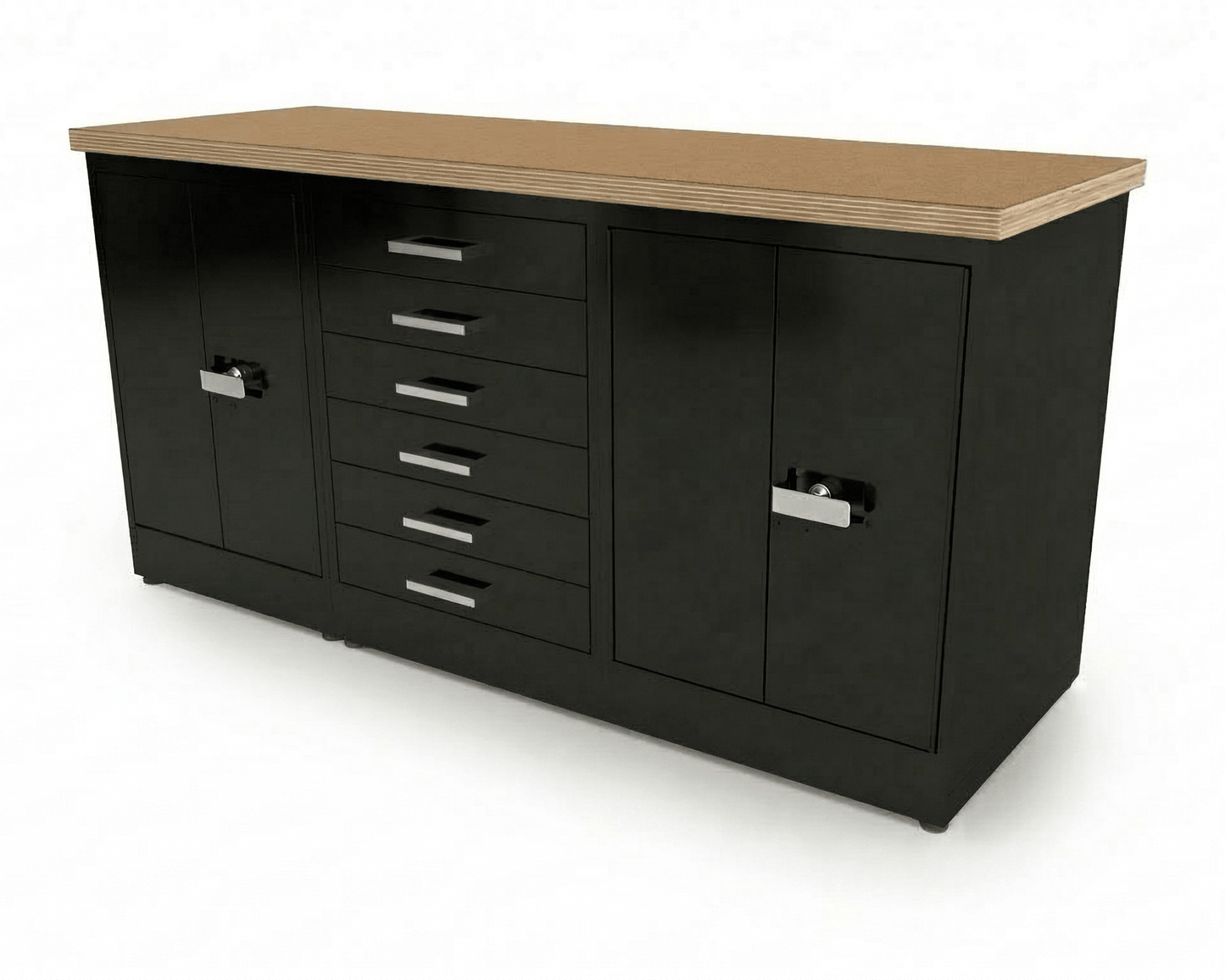 CEF Forge 3 - Pod Stationary Workstation - Heavy Duty Black Metal Cabinet with 6 Narrow Drawers & 2 Double - Door Base (CEF - FORGE - FP - 3EB - DD - 6D - DD) - SchoolOutlet