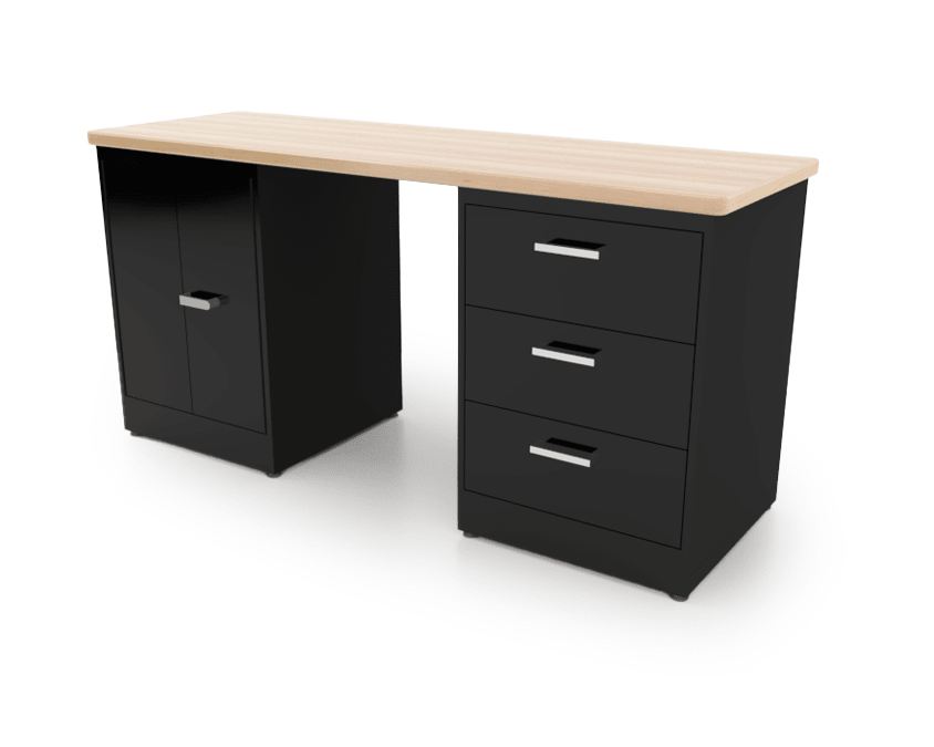 CEF Forge Desk Pod Stationary Workstation - Heavy Duty Black Metal Cabinet with 3 Deep Drawers & Double - Door Base, 74" x 25" Top (CEF - FORGE - FP - DCEB - DD - 3D) - SchoolOutlet