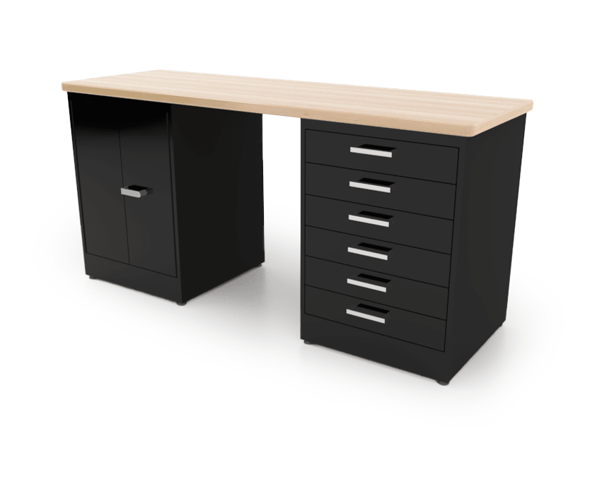 CEF Forge Desk Pod Stationary Workstation - Heavy Duty Black Metal Cabinet with 6 Narrow Drawers & Double - Door Base, 74" x 25" Top (CEF - FORGE - FP - DCEB - DD - 6D) - SchoolOutlet