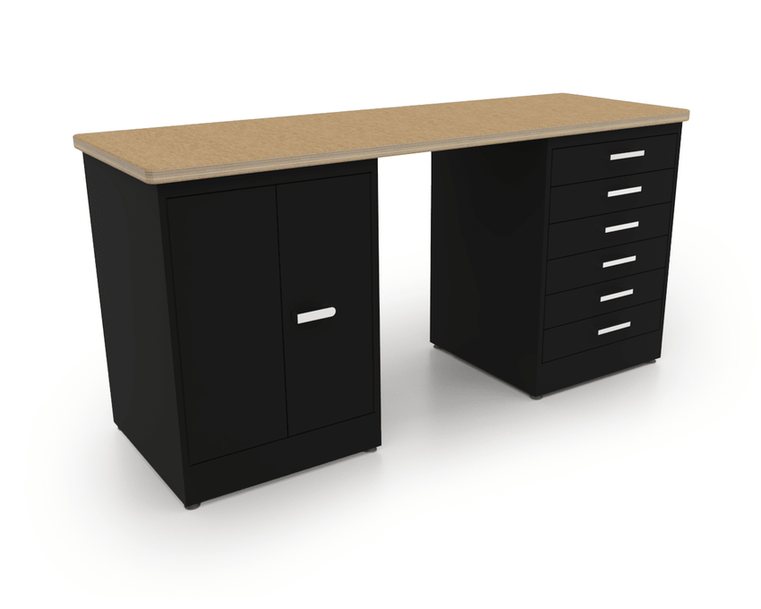 CEF Forge Desk Pod Stationary Workstation - Heavy Duty Black Metal Cabinet with 6 Narrow Drawers & Double - Door Base, 74" x 25" Top (CEF - FORGE - FP - DCEB - DD - 6D) - SchoolOutlet