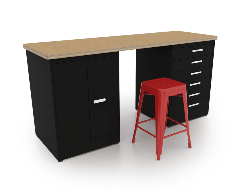 CEF Forge Desk Pod Stationary Workstation - Heavy Duty Black Metal Cabinet with 6 Narrow Drawers & Double - Door Base, 74" x 25" Top (CEF - FORGE - FP - DCEB - DD - 6D) - SchoolOutlet