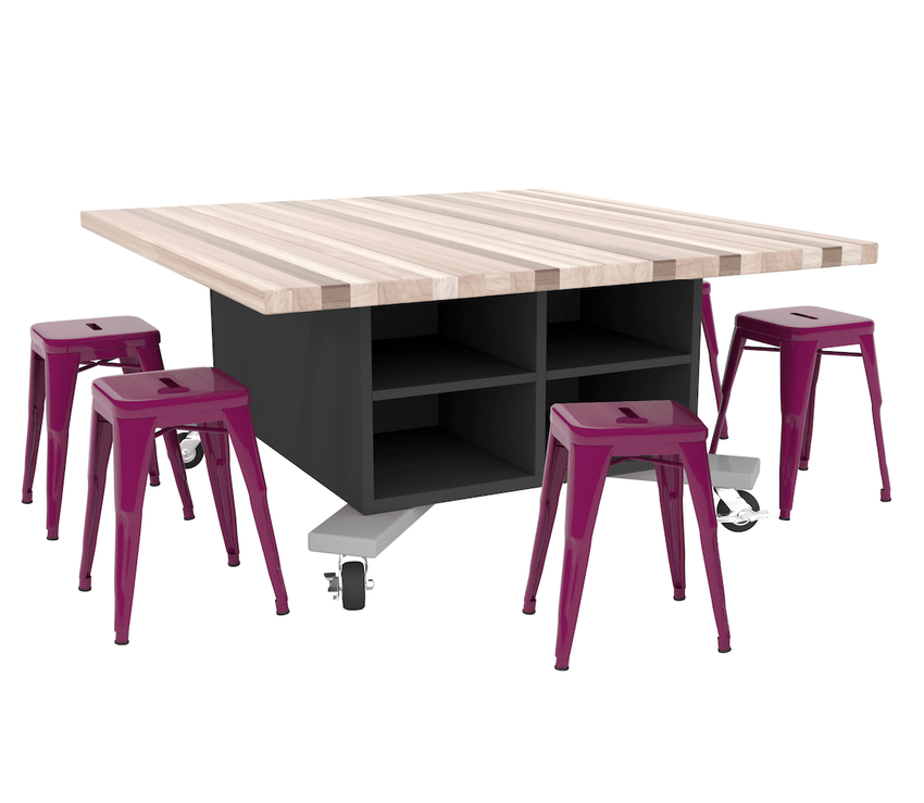 CEF Hideaway Storage Table 26"H - Double Sided Storage Cart with One Split Shelf and a High Pressure Laminate Top 49"W x 60"D, 6 Metal Stools Included - SchoolOutlet