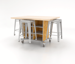 CEF Hideaway Storage Table 34"H - Single Sided Storage Cart with Two Split Shelves and a High Pressure Laminate Top 49"W x 40"D with 4 Metal Stools Included