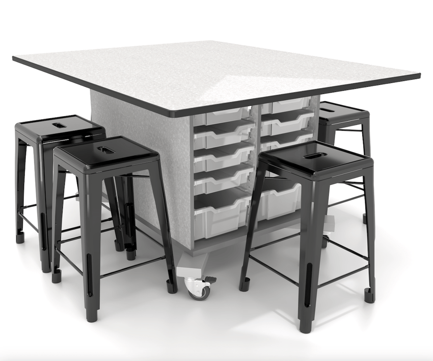 CEF Hideaway Storage Table 34"H - Double Sided 20 Bin Storage Cart and a High Pressure Laminate Top 49"W x 60"D with 6 Metal Stools Included - SchoolOutlet
