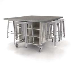 CEF Hideaway Storage Table 34"H - Double Sided Storage Cart with Two Split Shelves and a High Pressure Laminate Top 48"W x 60"D with 6 Metal Stools Included