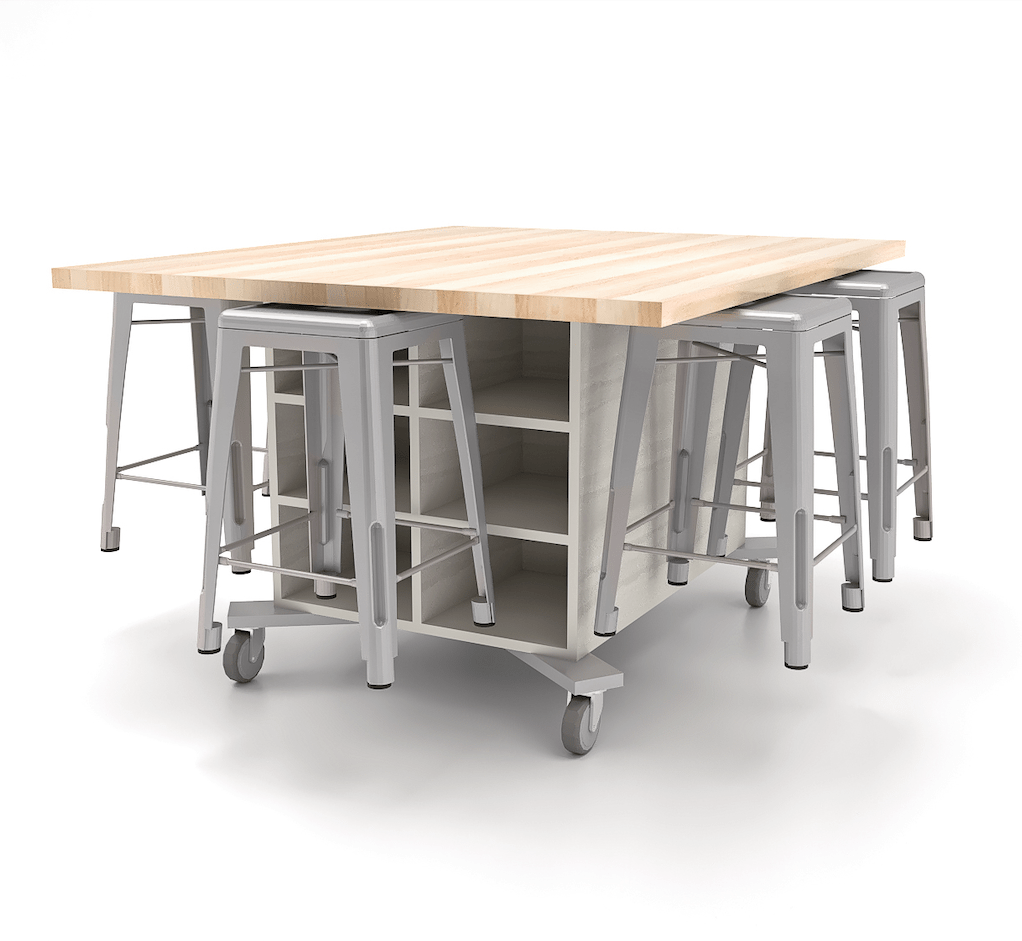 CEF Hideaway Storage Table 34"H - Double Sided Storage Cart with Two Split Shelves and a High Pressure Laminate Top 49"W x 60"D with 6 Metal Stools Included - SchoolOutlet