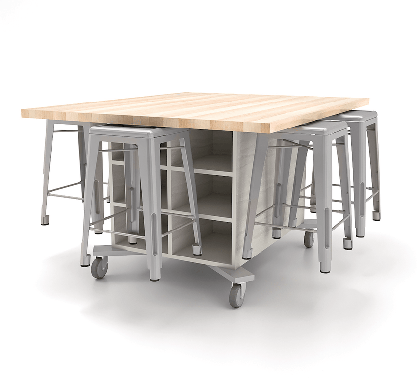 CEF Hideaway Storage Table 34"H - Double Sided Storage Cart with Two Split Shelves and a High Pressure Laminate Top 49"W x 60"D with 6 Metal Stools Included - SchoolOutlet