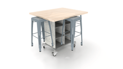 CEF Hideaway Storage Table 42"H - Single Sided Storage Cart with Split Shelves and a Solid Maple Butcher Block Top 49"W x 40"D, 4 Metal Stools Included